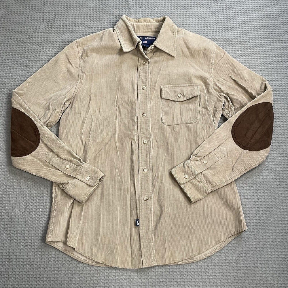 Vintage Polo Sport Ralph Lauren Corduroy Shirt 12 Womens Elbow Patch Khaki